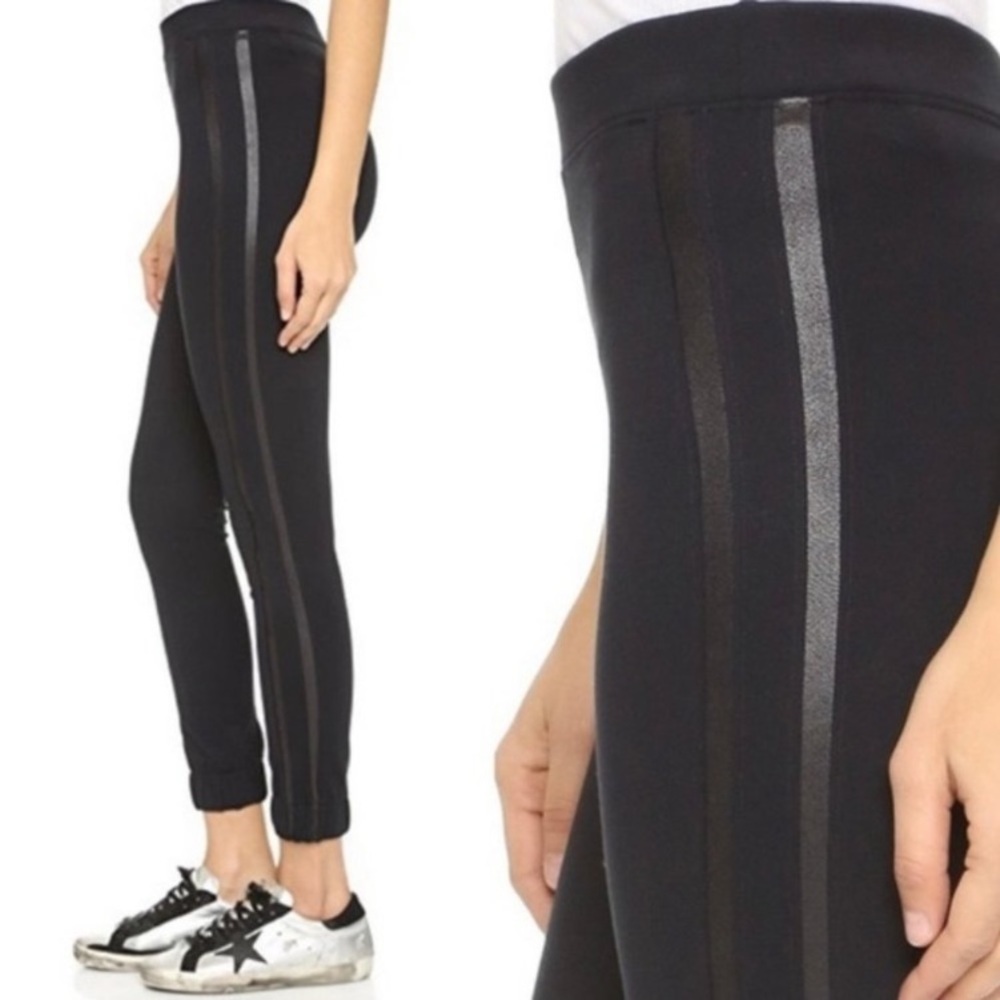 SPANX Black Faux Leather Track Joggers Elastic Waist